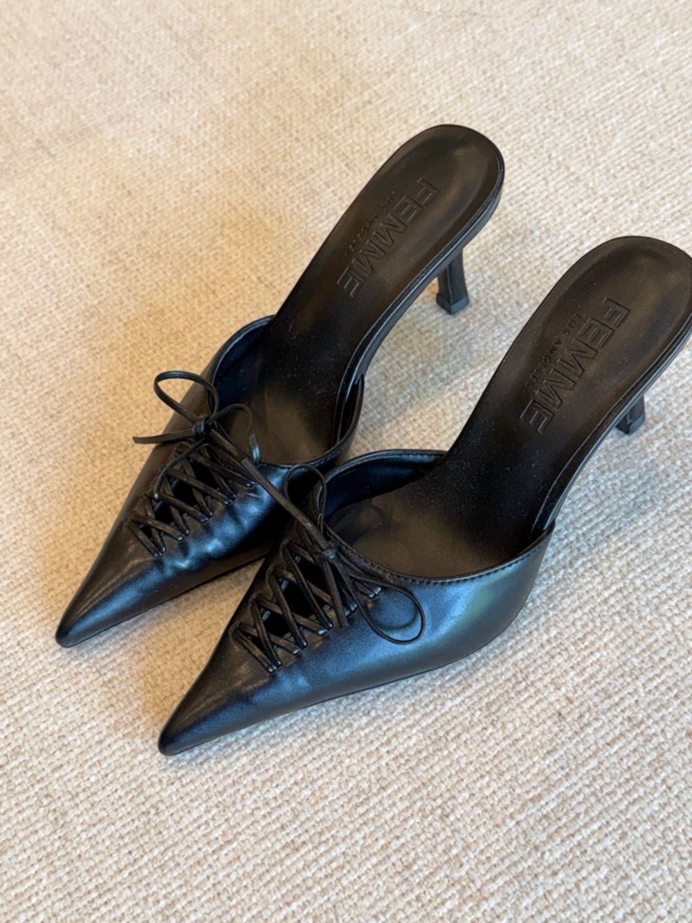 Femme Black Pointed Toe Lace-Up Leather Mule Heels